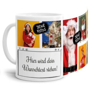 Bedruckte Tasse mit Fotocollage aus hochwertiger Keramik bestehend aus 7 Fotos und Rahmen für Deinen persönlichen Wunschtext - liebevoll gestaltet...