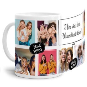 Bedruckte Tasse mit Fotocollage aus hochwertiger Keramik bestehend aus 8 Fotos und Rahmen für Deinen persönlichen Wunschtext - liebevoll gestaltet...