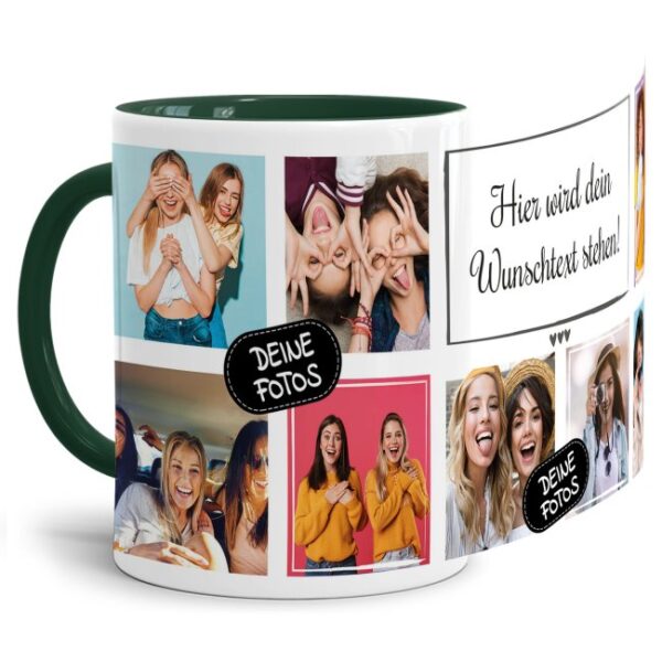 Bedruckte Tasse mit Fotocollage aus hochwertiger Keramik bestehend aus 8 Fotos und Rahmen für Deinen persönlichen Wunschtext - liebevoll gestaltet...