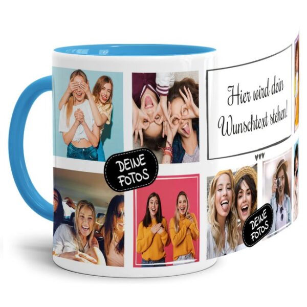 Bedruckte Tasse mit Fotocollage aus hochwertiger Keramik bestehend aus 8 Fotos und Rahmen für Deinen persönlichen Wunschtext - liebevoll gestaltet...