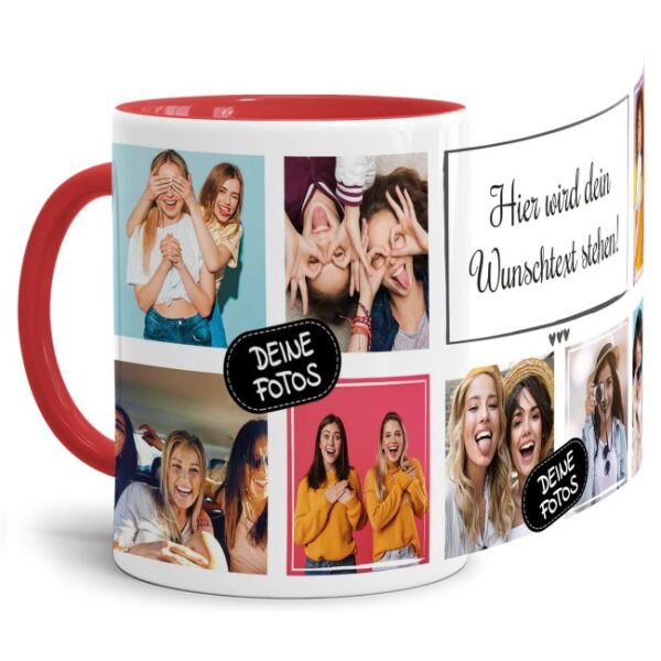 Bedruckte Tasse mit Fotocollage aus hochwertiger Keramik bestehend aus 8 Fotos und Rahmen für Deinen persönlichen Wunschtext - liebevoll gestaltet...