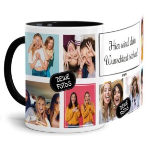 Bedruckte Tasse mit Fotocollage aus hochwertiger Keramik bestehend aus 8 Fotos und Rahmen für Deinen persönlichen Wunschtext - liebevoll gestaltet...