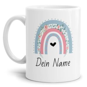 Liebevoll gestaltete Namenstasse für Kinder mit trendigem Regenbogen in der Farbvariante Hellblau/Rosa zum Verschenken. Ein tolles Geschenk zum...