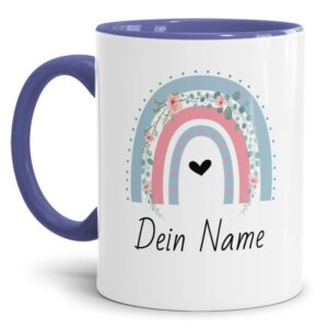 Liebevoll gestaltete Namenstasse für Kinder mit trendigem Regenbogen in der Farbvariante Hellblau/Rosa zum Verschenken. Ein tolles Geschenk zum...