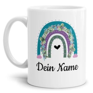 Liebevoll gestaltete Namenstasse für Kinder mit trendigem Regenbogen in der Farbvariante Türkis/Violett zum Verschenken. Ein tolles Geschenk zum...