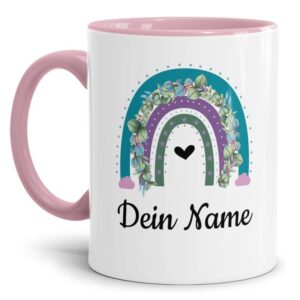 Liebevoll gestaltete Namenstasse für Kinder mit trendigem Regenbogen in der Farbvariante Türkis/Violett zum Verschenken. Ein tolles Geschenk zum...