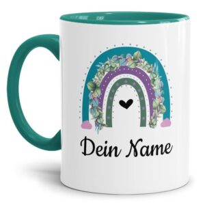 Liebevoll gestaltete Namenstasse für Kinder mit trendigem Regenbogen in der Farbvariante Türkis/Violett zum Verschenken. Ein tolles Geschenk zum...