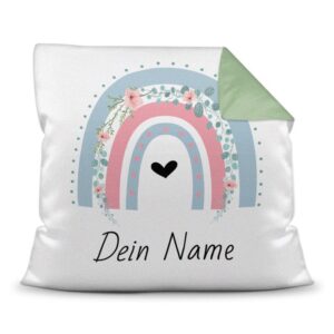 Süßes Namenkissen mit Regenbogen und Blumen - als Geschenk zu jedem Anlass zu verschenken. Über dieses persönliche