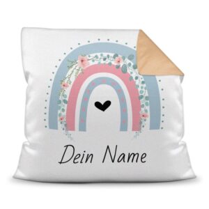 Süßes Namenkissen mit Regenbogen und Blumen - als Geschenk zu jedem Anlass zu verschenken. Über dieses persönliche