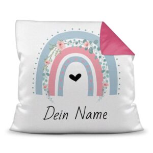 Süßes Namenkissen mit Regenbogen und Blumen - als Geschenk zu jedem Anlass zu verschenken. Über dieses persönliche