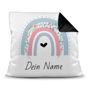 Süßes Namenkissen mit Regenbogen und Blumen - als Geschenk zu jedem Anlass zu verschenken. Über dieses persönliche