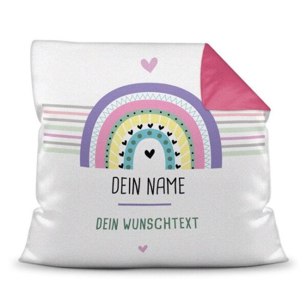 Süßes Namenkissen mit Regenbogenmotiv und Wunschtext - als Geschenk zu jedem Anlass zu verschenken. Über dieses persönliche