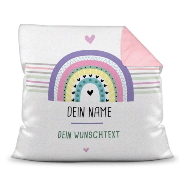 Süßes Namenkissen mit Regenbogenmotiv und Wunschtext - als Geschenk zu jedem Anlass zu verschenken. Über dieses persönliche