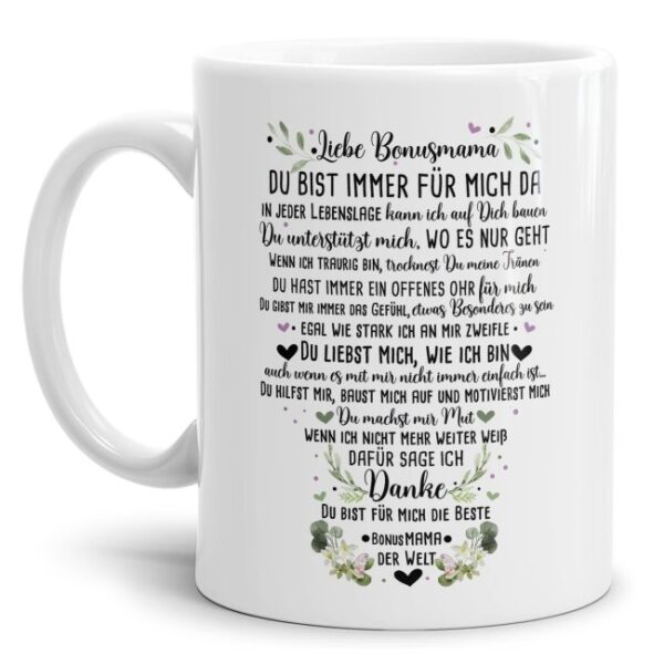 Süße Spruchtasse für die Bonusmama - Danke Bonusmama. Edler Kaffeebecher als besonderes Dankegeschenk für die Bonusmama. Bestes Muttertagsgeschenk...