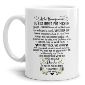 Süße Spruchtasse für die Bonusmama - Danke Bonusmama. Edler Kaffeebecher als besonderes Dankegeschenk für die Bonusmama. Bestes Muttertagsgeschenk...