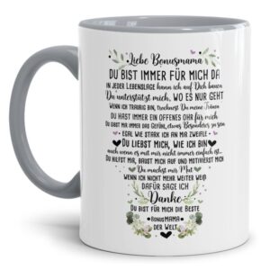 Süße Spruchtasse für die Bonusmama - Danke Bonusmama. Edler Kaffeebecher als besonderes Dankegeschenk für die Bonusmama. Bestes Muttertagsgeschenk...