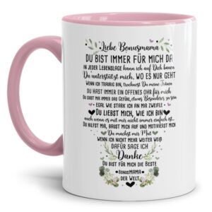 Süße Spruchtasse für die Bonusmama - Danke Bonusmama. Edler Kaffeebecher als besonderes Dankegeschenk für die Bonusmama. Bestes Muttertagsgeschenk...