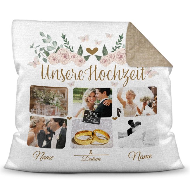 Liebevoll gestaltetes Fotokissen personalisierbar mit den schönsten Fotos eines Hochzeitspaares. Das Kissen zum Hochzeitstag kann mit den Namen und...