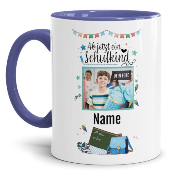 Hochwertige Keramiktasse mit Foto und Name des Schulkindes mit Spruch - Ab jetzt ein Schulkind - zum ersten Schultag. Das perfekte Geschenk zur...