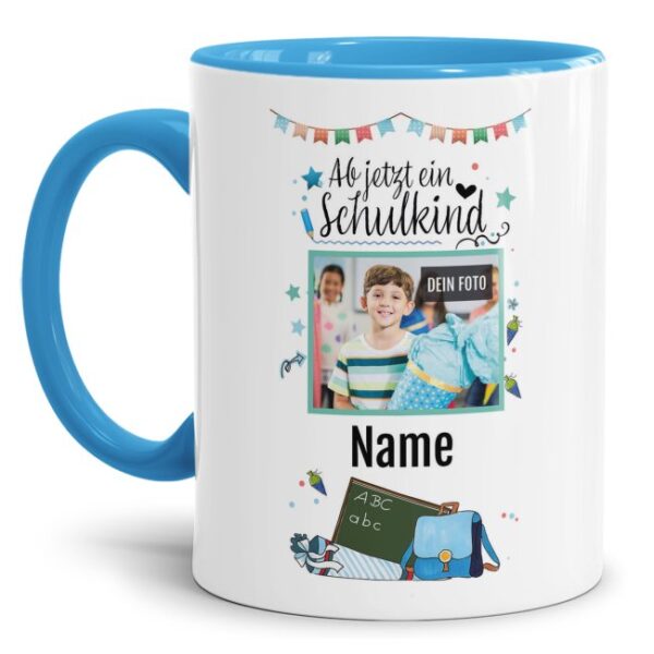 Hochwertige Keramiktasse mit Foto und Name des Schulkindes mit Spruch - Ab jetzt ein Schulkind - zum ersten Schultag. Das perfekte Geschenk zur...