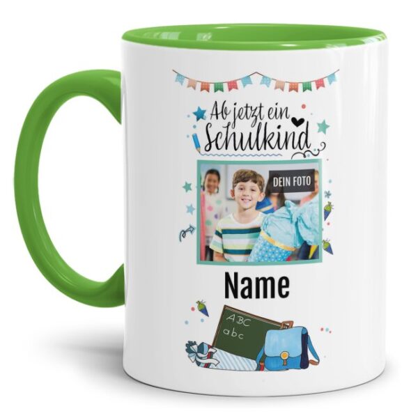 Hochwertige Keramiktasse mit Foto und Name des Schulkindes mit Spruch - Ab jetzt ein Schulkind - zum ersten Schultag. Das perfekte Geschenk zur...