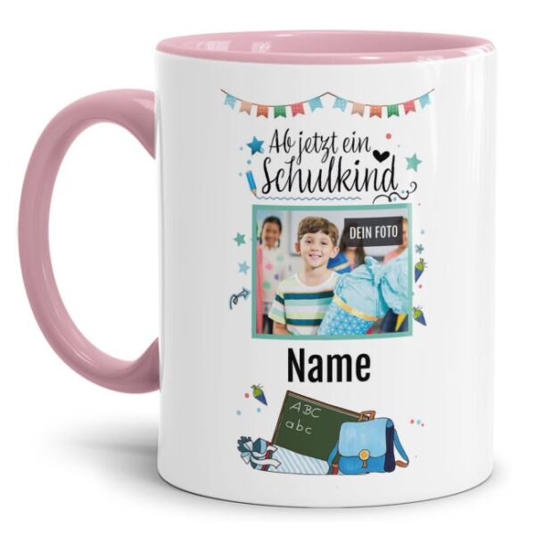 Hochwertige Keramiktasse mit Foto und Name des Schulkindes mit Spruch - Ab jetzt ein Schulkind - zum ersten Schultag. Das perfekte Geschenk zur...