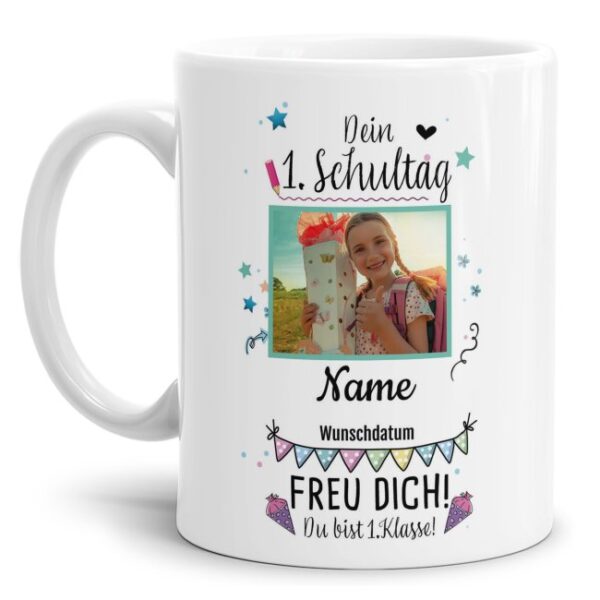 Liebevoll gestaltete Tasse für zukünftige Erstklässler mit Name