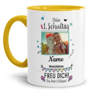 Liebevoll gestaltete Tasse für zukünftige Erstklässler mit Name