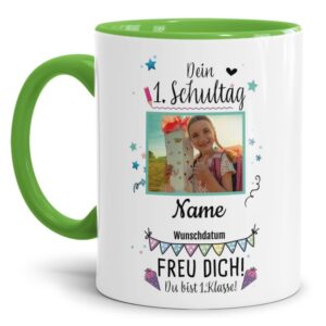 Liebevoll gestaltete Tasse für zukünftige Erstklässler mit Name