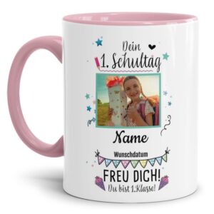 Liebevoll gestaltete Tasse für zukünftige Erstklässler mit Name