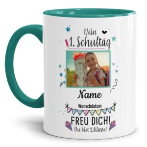 Liebevoll gestaltete Tasse für zukünftige Erstklässler mit Name