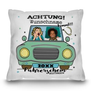 Eine originelle und schöne Geschenkidee zur bestandenen Führerscheinprüfung ist dieses hochwertige weiße Kissen. Mit Foto