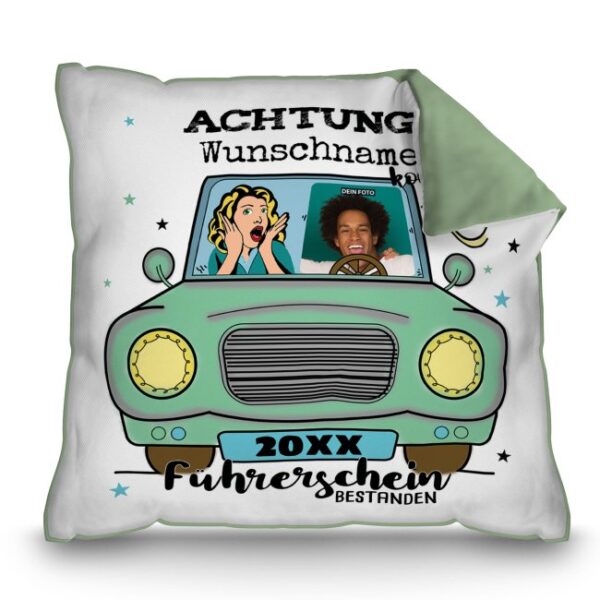 Eine originelle und schöne Geschenkidee zur bestandenen Führerscheinprüfung ist dieses hochwertige Kissen mit grüner Rückseite. Mit Foto