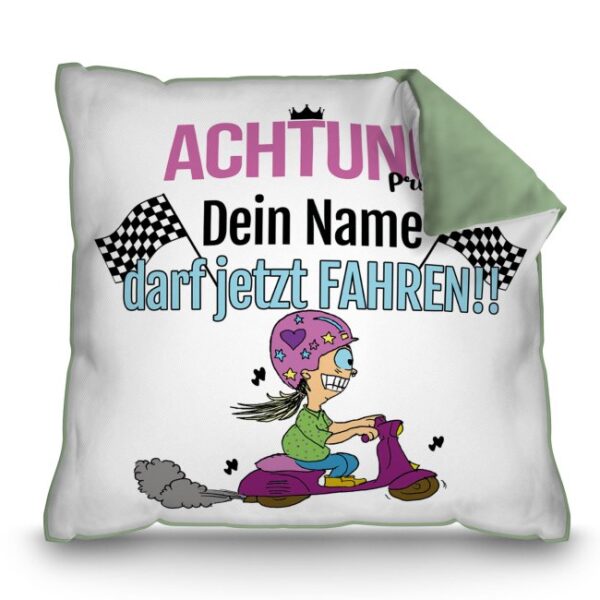 Grünes Kissen mit passendem Spruch als Geschenkidee für alle Fahrneulinge. Personalisiert mit dem Namen wird das Kissen zum neuen Lieblingskissen....