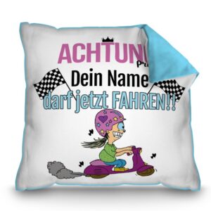 Hellbaues Kissen mit passendem Spruch als Geschenkidee für alle Fahrneulinge. Personalisiert mit dem Namen wird das Kissen zum neuen...