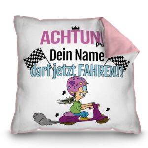 Rosanes Kissen mit passendem Spruch als Geschenkidee für alle Fahrneulinge. Personalisiert mit dem Namen wird das Kissen zum neuen Lieblingskissen....