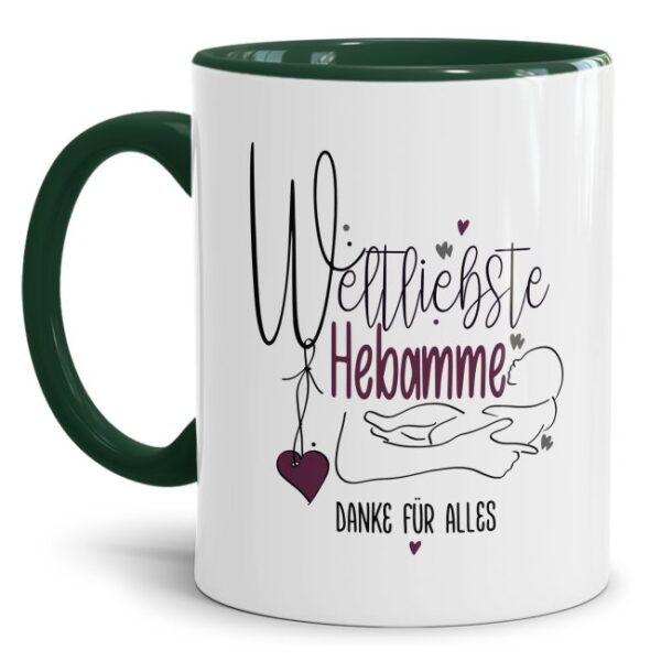 Liebevoll gestaltetes Kaffeebecher mit Spruch - Weltliebste Hebamme - als persönliche Geschenkidee für die Hebamme. Ein besonderes Dankegeschenk...