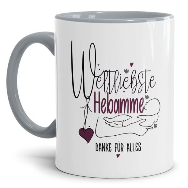 Liebevoll gestaltetes Kaffeebecher mit Spruch - Weltliebste Hebamme - als persönliche Geschenkidee für die Hebamme. Ein besonderes Dankegeschenk...