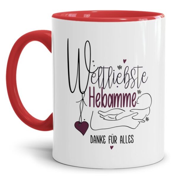 Liebevoll gestaltetes Kaffeebecher mit Spruch - Weltliebste Hebamme - als persönliche Geschenkidee für die Hebamme. Ein besonderes Dankegeschenk...