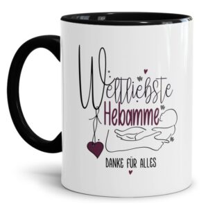 Liebevoll gestaltetes Kaffeebecher mit Spruch - Weltliebste Hebamme - als persönliche Geschenkidee für die Hebamme. Ein besonderes Dankegeschenk...