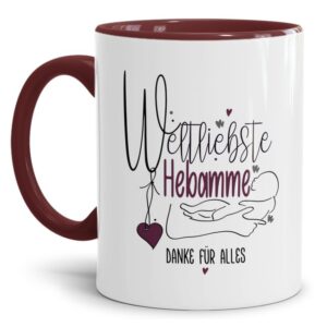 Liebevoll gestaltetes Kaffeebecher mit Spruch - Weltliebste Hebamme - als persönliche Geschenkidee für die Hebamme. Ein besonderes Dankegeschenk...