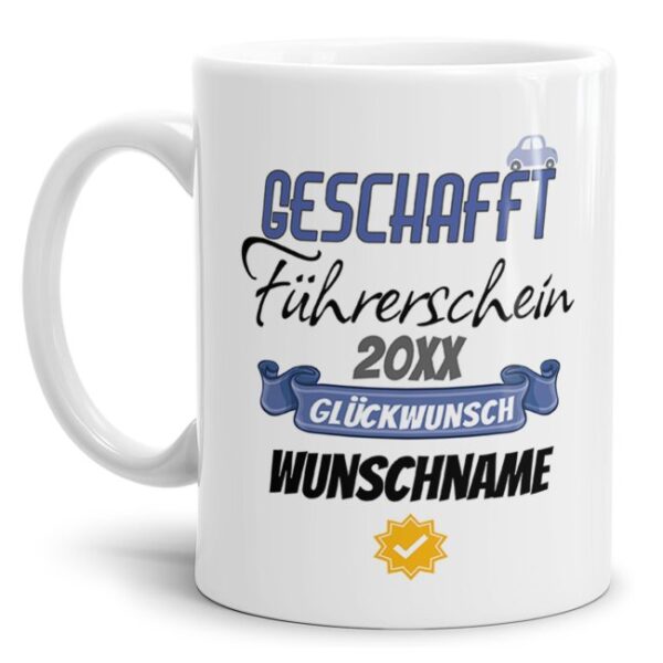 Liebevoll gestaltete Kaffeebecher mit Spruch - Führerschein geschafft - als Geschenk zur bestandenen Fahrschulprüfung für beste Freunde und...