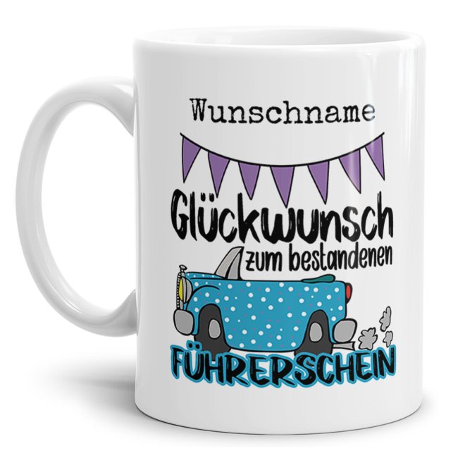 Liebevoll gestaltete Kaffeebecher mit Spruch - Glückwunsch zum Führerschein - als Geschenk zur bestandenen Fahrschulprüfung für beste Freunde und...