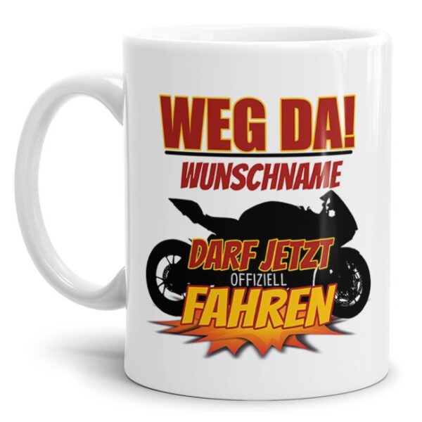 Kaffeetasse aus hochwertiger Keramik mit Spruch als Geschenk zur bestandenen Motorradprüfung für beste Freunde und Familienmitglieder. Du kannst...