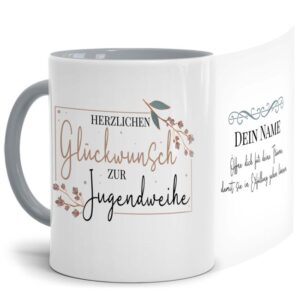 Verschenke diese liebevoll gestaltete Namenstasse zur Jugendweihe - Öffne dich für Träume - in Grau. Ein besonderes Geschenk zur Jugendweihe