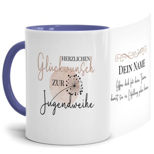 Verschenke diese liebevoll gestaltete Namenstasse zur Jugendweihe mit Spruch - Öffne dich für Deine Träume - mit wunderschönem Pusteblumen-Motiv....