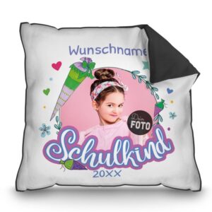 Ihr sucht ein persönliches und individuelles Geschenk zum Schulbeginn? Unser Kuschelkissen wird mit dem Foto und Namen des Schulkindes