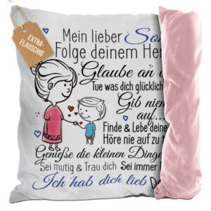 Unser liebevoll gestaltetes Flauschkissen ist das ideale Geschenk von einer Mutter an ihren Sohn. Das flauschige rosane Kissen ist mit...