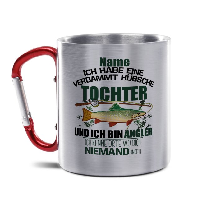 Diese hochwertige Karabinertasse mit Anglermotiv - Angler mit hübscher Tochter - und personalisierter Namensbedruckung ist eine hochwertige und...