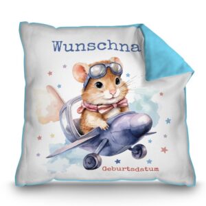 Unser hellblaues Kissen mit süßem Tiermotiv - Hamster - ist ein besonderes Highlight in jedem Kinderzimmer und lässt Kinderherzen höherschlagen....